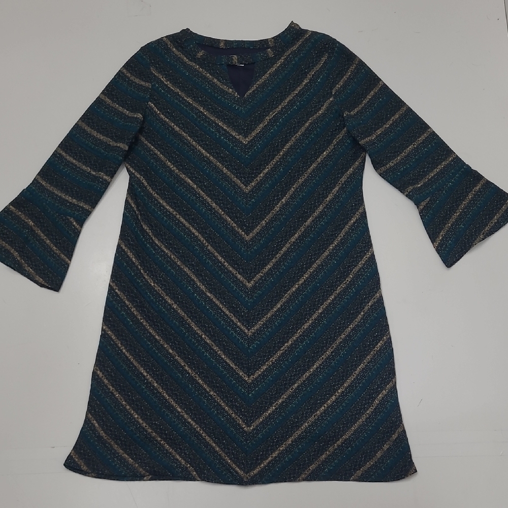 Studio One New York Boho Knit A-Line Dress Long Bell Sleeve Lined Chevron Cutout - Picture 4 of 17